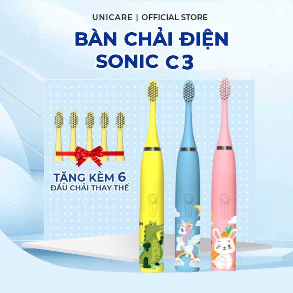 Bàn chải điện trẻ em SONIC C3, bàn chải điện trẻ em cao cấp cho bé từ 2 tuổi - Tặng kèm 6 đầu chải