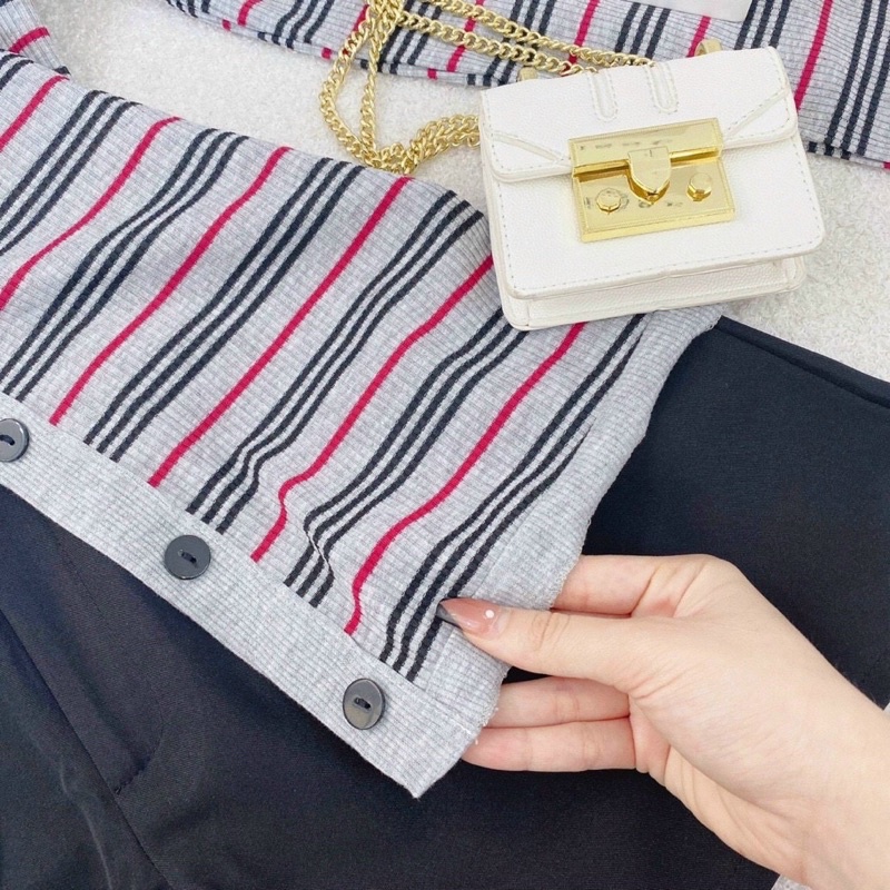 SET ÁO SỌC CỔ POLO CÀI NÚT + SHORT ĐEN