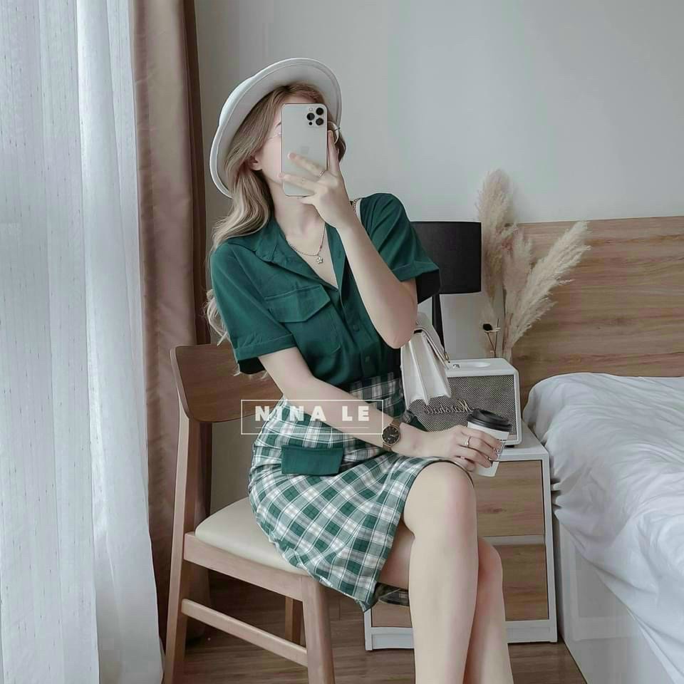 Đầm Rời Công Sở 2 Món Áo Đũi Xanh Lịch Sự Kèm Chân Váy Carô Chất Kate Bố Phù hợp Đi Làm, Đi Chơi Phong Cách Trẻ Trung [N