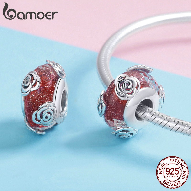 BAMOER Hạt Bạc 925 Hoạ Tiết Hoa Hồng Đỏ Làm Trang Sức