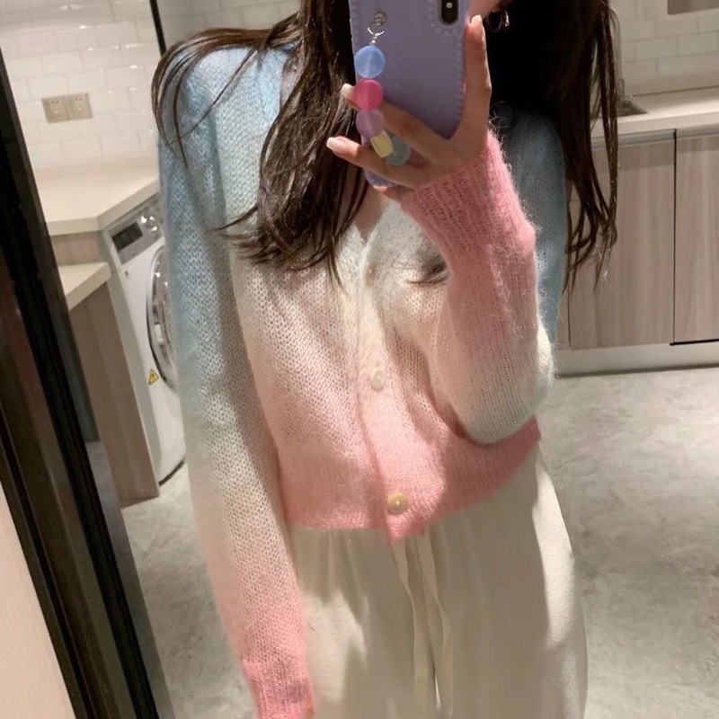 Áo khoác Cardigan dài tay cổ chữ V màu Gradient ngọt ngào phong cách hàn quốc