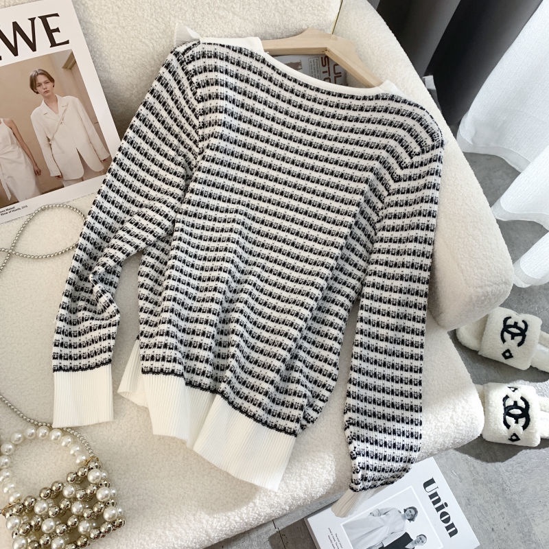 Áo Khoác Cardigan Dệt Kim Cổ Búp Bê Họa Tiết Sọc Caro Thiết Kế Mới Thời Trang Mù