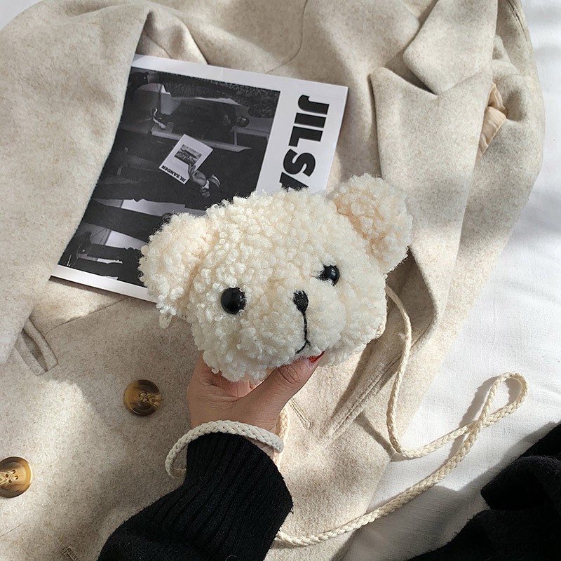 Túi đeo vai bằng lông cừu thiết kế hình gấu hoạt họa phong cách Hàn Quốc đáng yêu cho bé