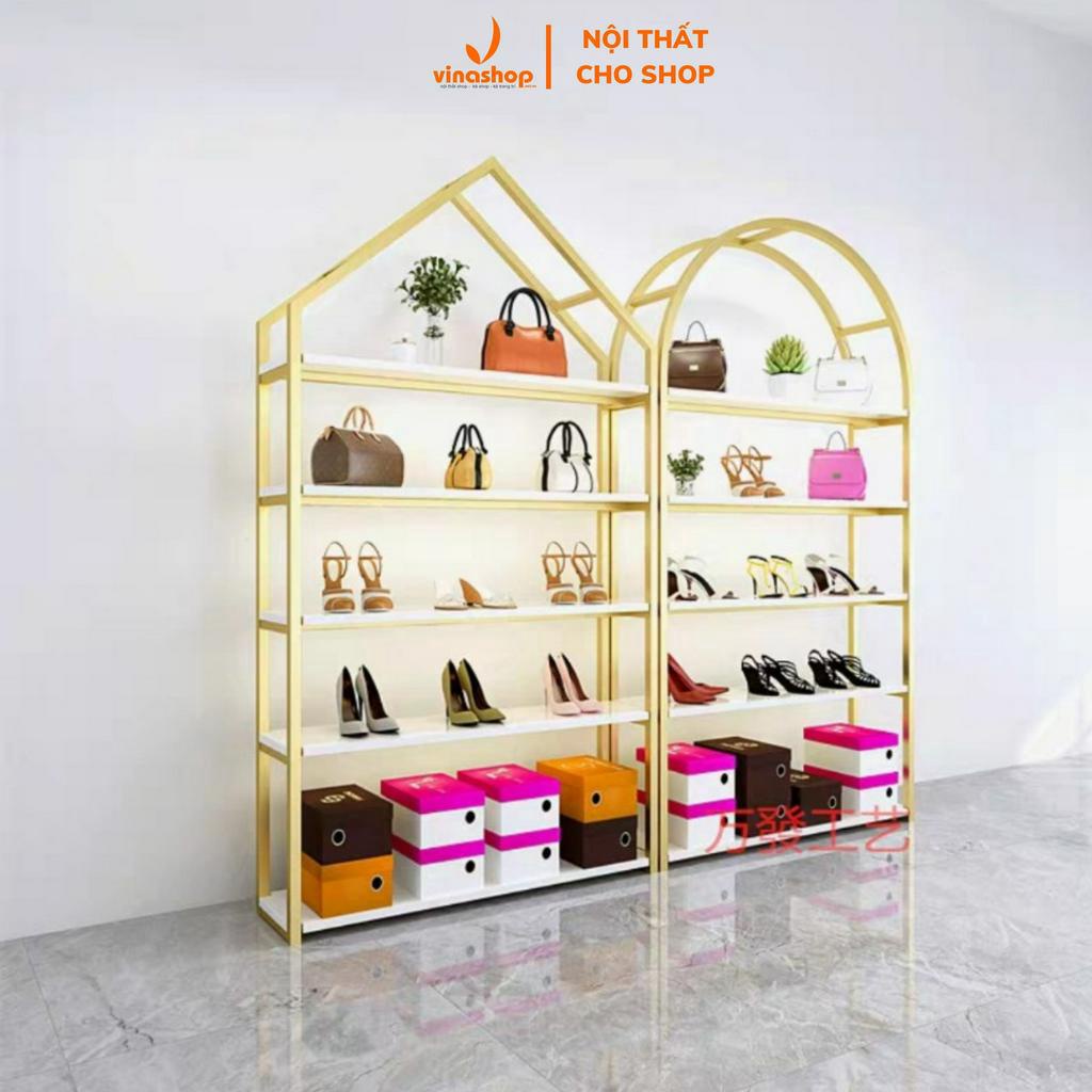 Kệ khung sắt mặt ván gỗ trưng đồ shop giày dép, mỹ phẩm, phụ kiện shop VNS-036