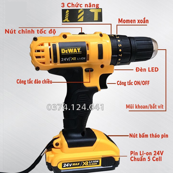 [Tặng bộ phụ kiện 22 chi tiết] Máy Khoan Pin Dewatl 24V Có Chế Độ Búa Khoan Bê Tông - may bat vit 2 pin