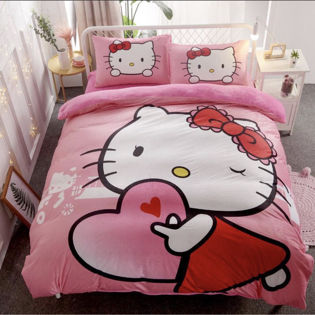 Set 4 Món Ga Gối Vỏ Chăn Lồng Ruột Mẫu KITTY BABY