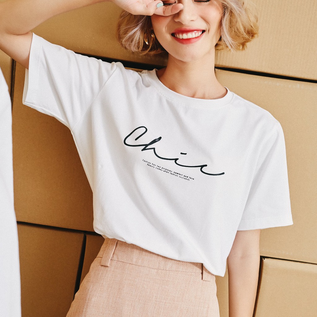 Áo thun tay lỡ Méo shop phông nữ cổ tròn cotton in chữ Chic freesize form rộng