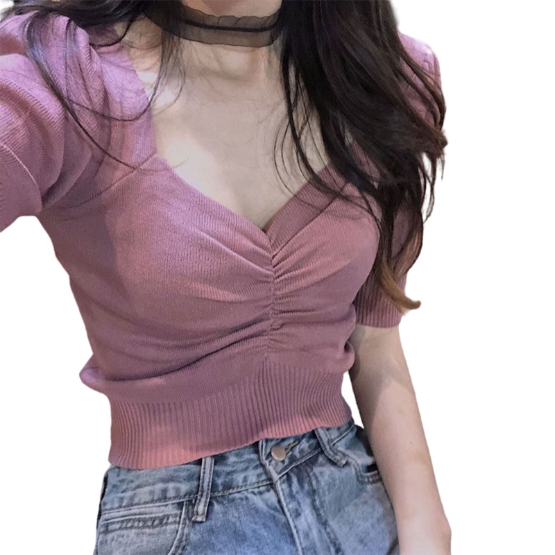 Áo Croptop Dệt Kim Tay Ngắn Cổ Chữ V Màu Sắc Thanh Lịch
