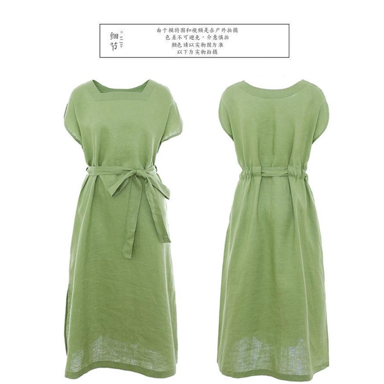 Đầm Cotton Lanh Cao Cấp Màu Xanh Lá Phong Cách retro Mùa Hè Cho Nữ Trung Niên