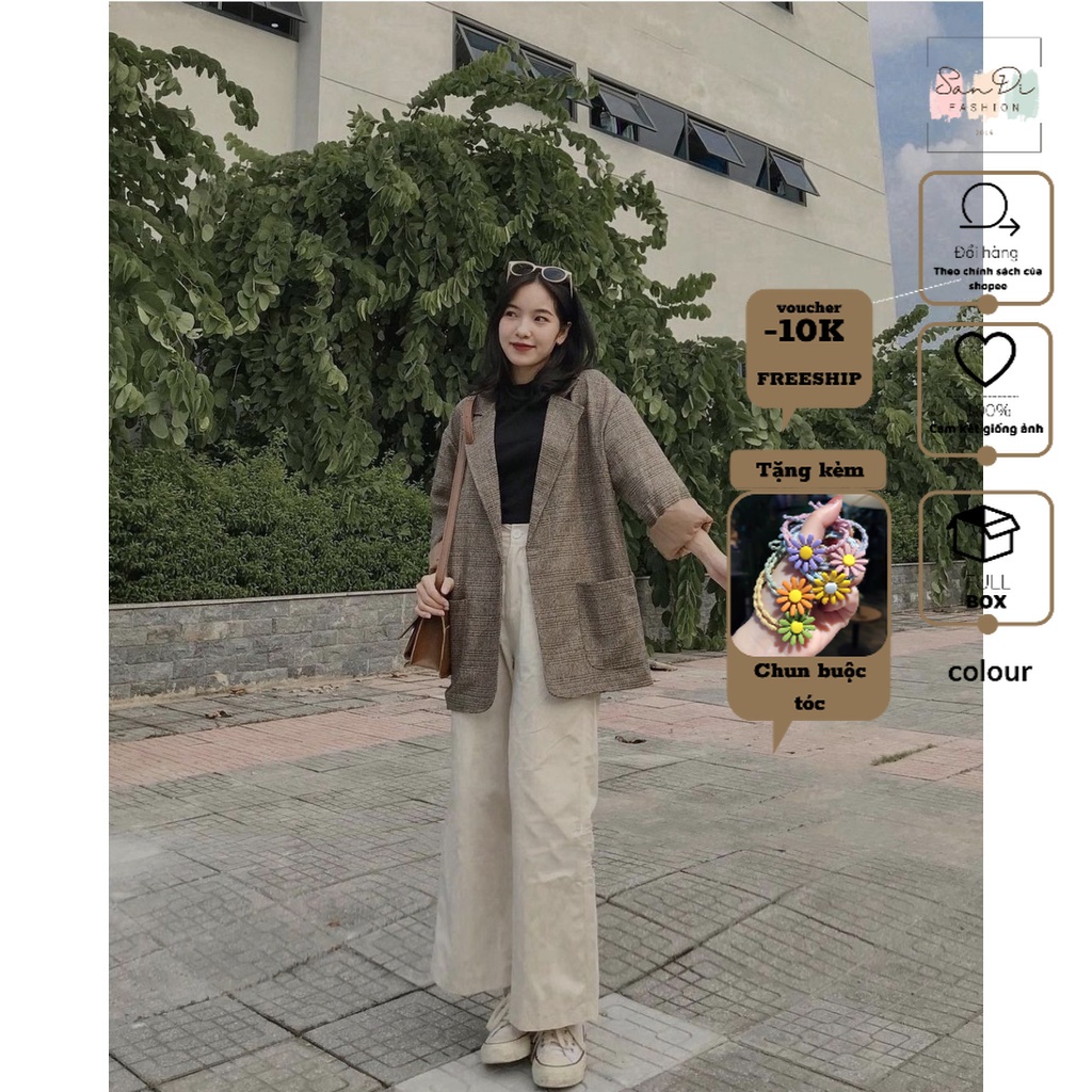 Áo Blazer Nữ 2 Lớp Dài Tay , Áo Vest dạ lông kẻ khoác ngoài SanDi