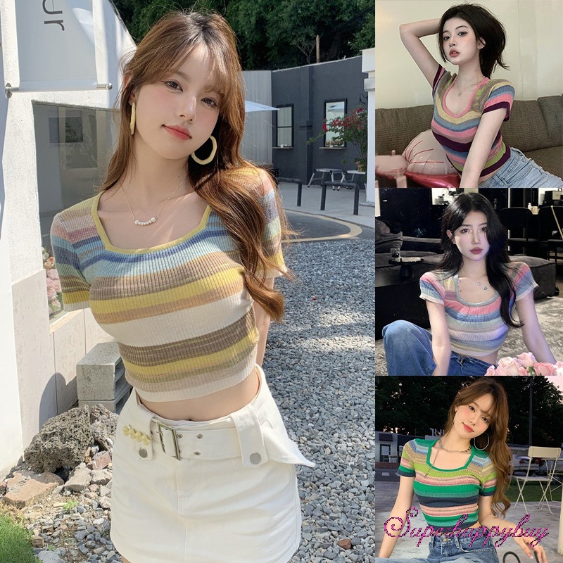 Áo Dệt Kim Ngắn Tay Cổ Vuông Ôm Dáng Họa Tiết Kẻ Sọc Nhiều Màu Sắc Cho Nữ