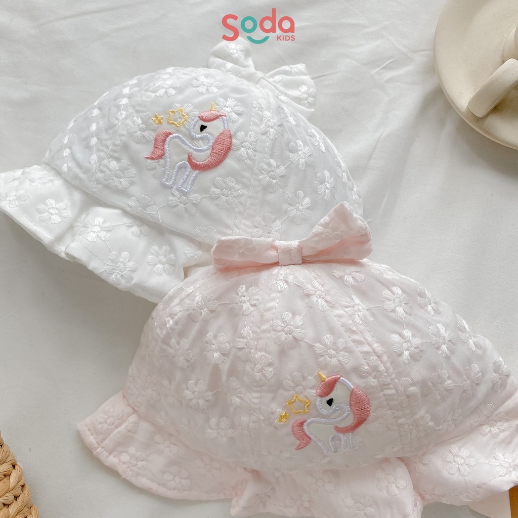 Mũ vành vải ren thêu ngựa đính nơ dễ thương dành cho bé gái (Ảnh thật)