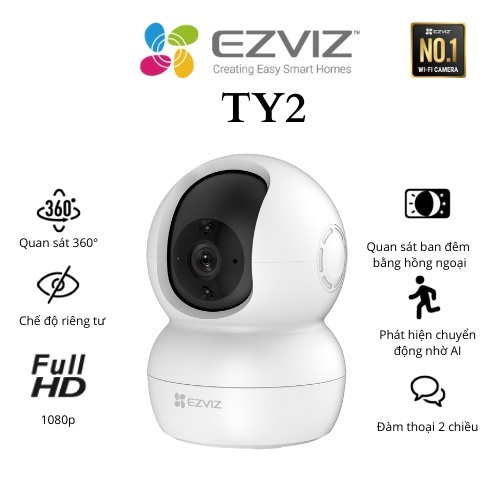 [DIGI] Camera WiFi EZVIZ TY2 2MP, Full 1080P - Xoay 360 độ - Đàm thoại 2 chiều - Hàng EZVIZ Chính Hãng, BH 2 Năm
