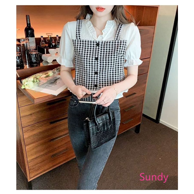 Áo Sơ Mi Ngắn Tay Cổ Chữ V Hoa Văn Kẻ Ô Thời Trang Mùa Hè Dành Cho Nữ