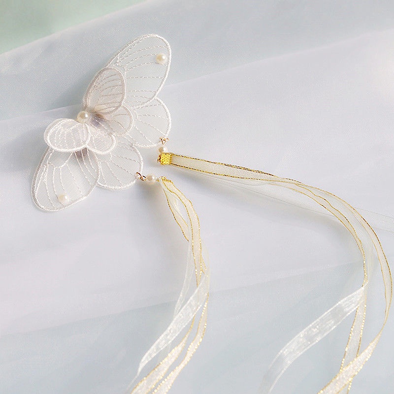 Kẹp Tóc Hình Bướm Phối Dây Ruy Băng Tua Rua Lưng Phong Cách Cổ Điển