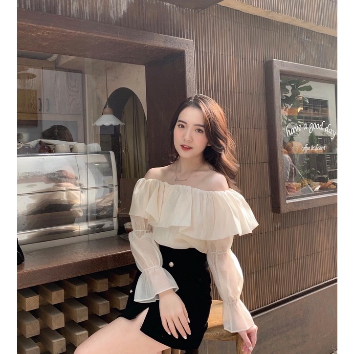 [ Ảnh shop chụp] Áo trễ vai voan tiểu thư