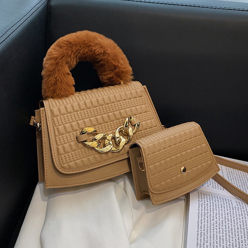 Túi Đeo Chéo Da PU Phối Lông Thời Trang Cho Nữ