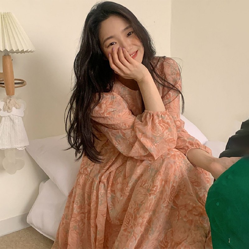(ORDER) Váy voan hoa cam dài tay dáng babydoll điệu đà ngọt ngào vintage Hàn Quốc