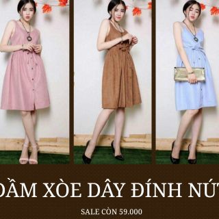 Đầm xòe hai dây rút eo nút giữa