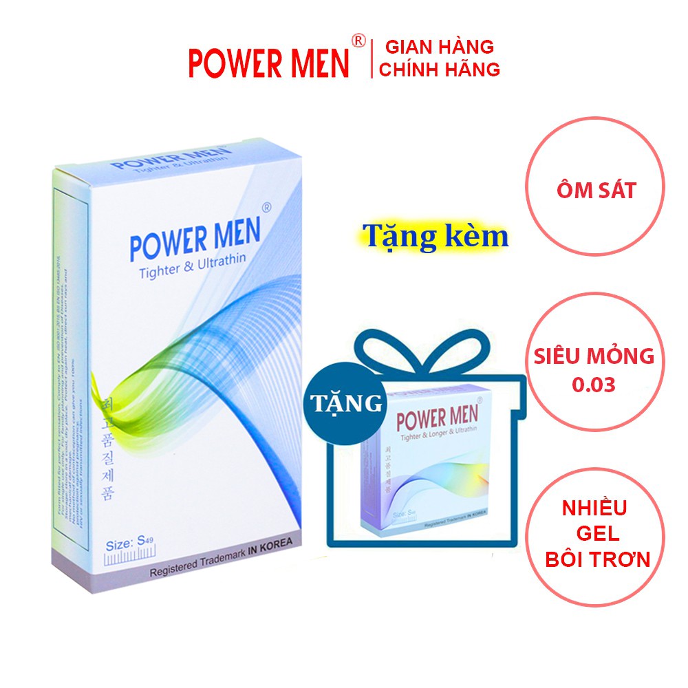 Bao cao su Powermen Tighter & Ultrathin Siêu Mỏng, Ôm sát Size 49mm Hộp 12 chiếc
