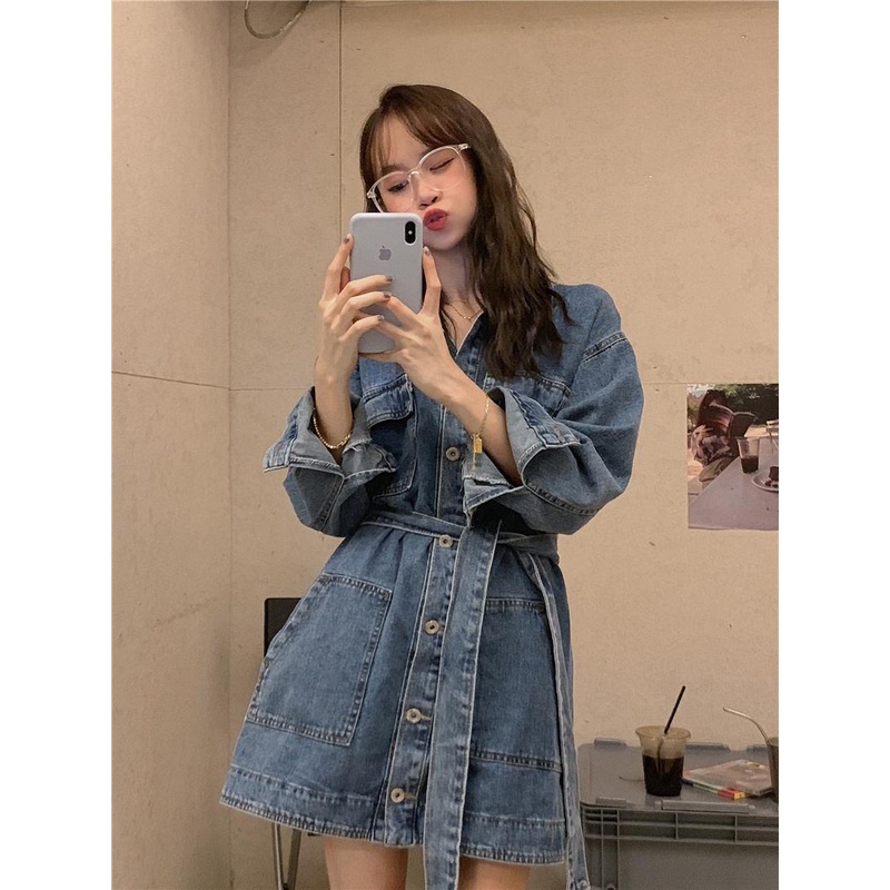 Đầm denim Tay Dài Dáng Rộng Chiết Eo Cổ Điển Thời Trang Xuân Thu Hàng Mới Dành Cho Nữ