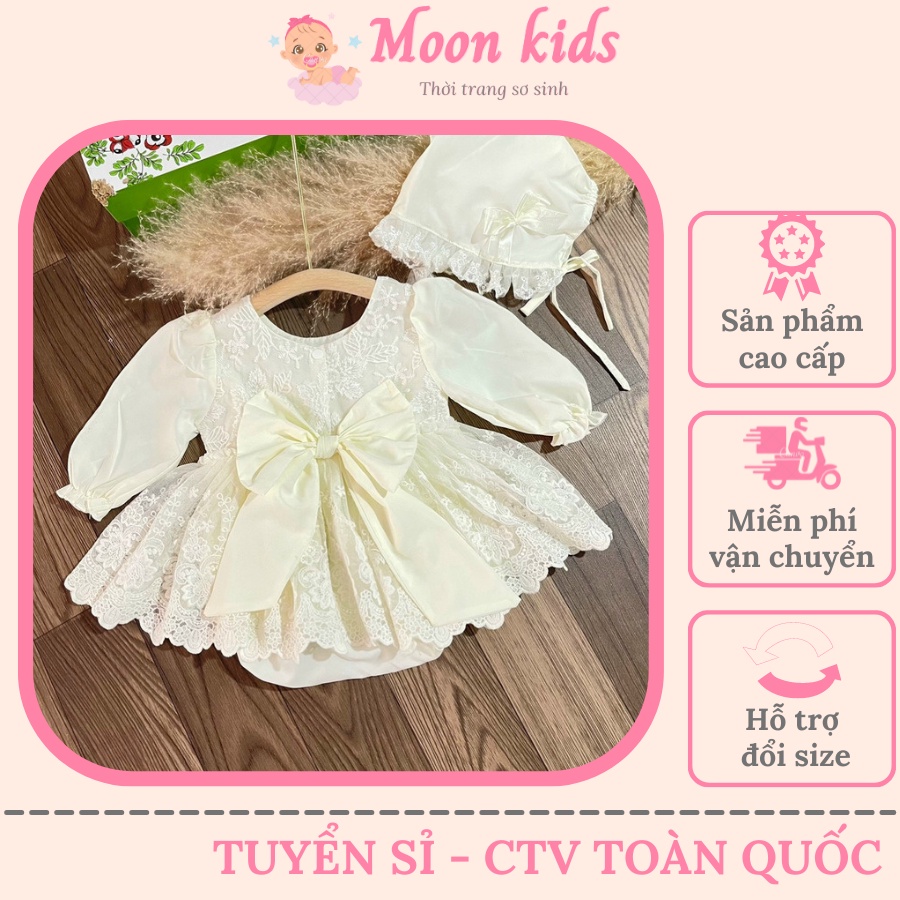Set Bodysuit Cho Bé Gái Hoa Nhí Xanh MOONKID, Kèm Nón Và Vớ Chất Mát. Body Đầy Tháng, Đầm Sơ Sinh, Váy Em Bé