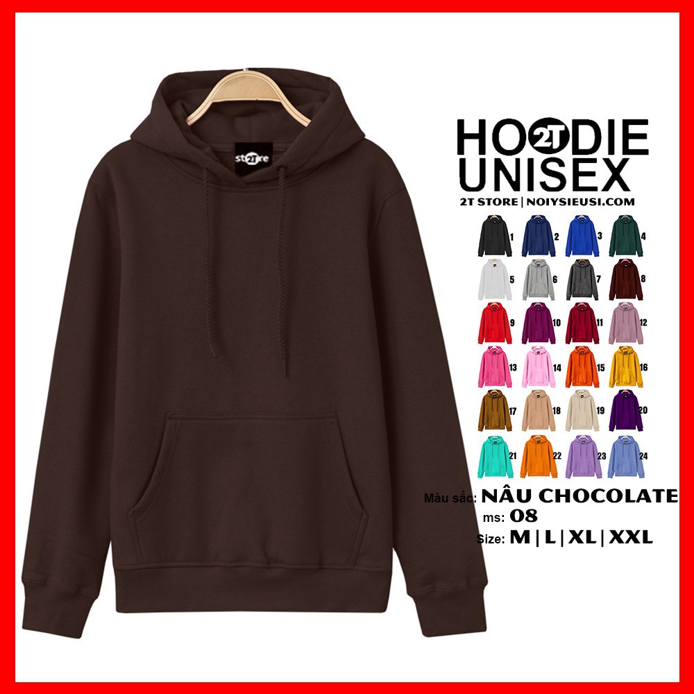 áo hoodie Áo hoodie unisex 2T Store H08 màu nâu chocolate - Áo khoác nỉ chui đầu nón 2 lớp dày dặn đẹp chất lượng