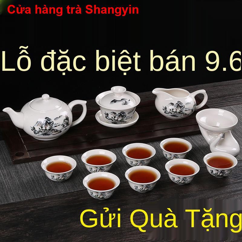 [gửi clip trà] Bộ ấm trà Kung Fu chén sứ bọc đơn giản pha xanh trắng chuyên dùng trong gia đình