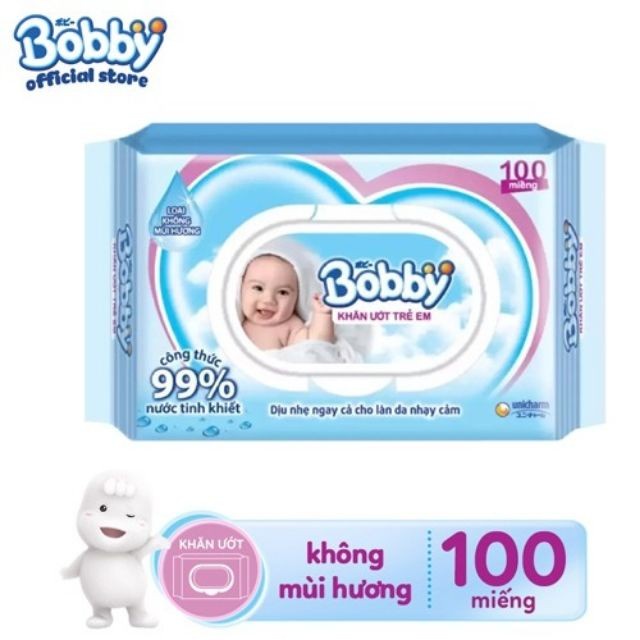 KHĂN ƯỚT BOBBY KHÔNG MÙI/CÓ MÙI LOẠI 100 TỜ CÓ NẮP