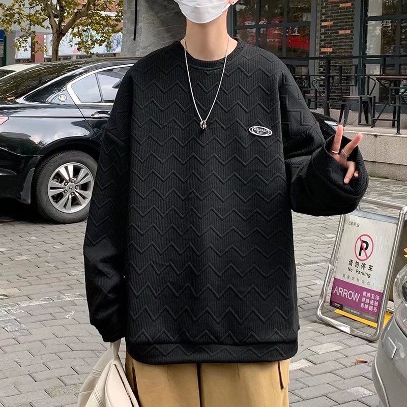 Áo thun sweater chui đầu cổ tròn dáng rộng phối chữ nổi thời trang mùa thu dành cho cặp đôi