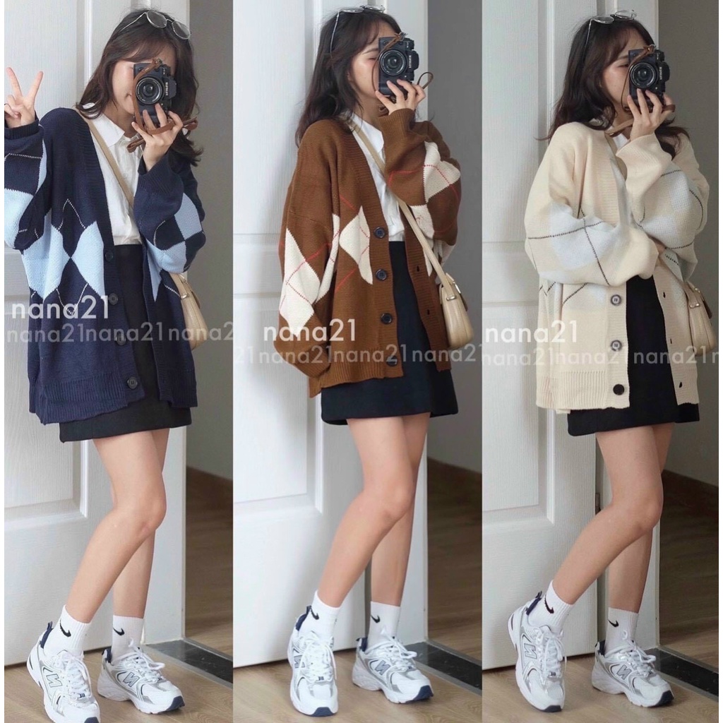(FREESHIP) Áo len cardigan ô trám vintage