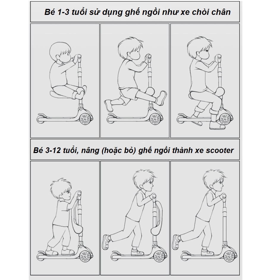 Xe Trượt Scooter Đa Năng - Xe Chòi Chân Có Ghế Ngồi Cho Bé 2-8 tuổi - Hàng Cao Cấp Có Nhạc Đèn Phát Sáng