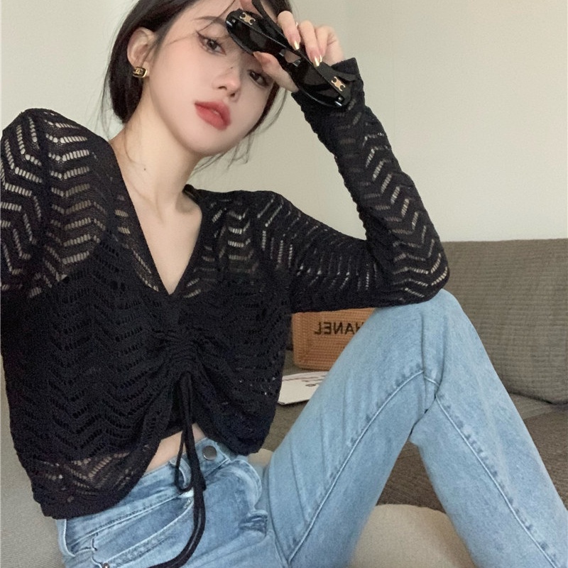 SUXI Áo Dệt Kim Tay Dài Cổ Chữ V Phối Dây Rút Màu Sắc Trơn Phong Cách Hàn Quốc Dành Cho Nữ