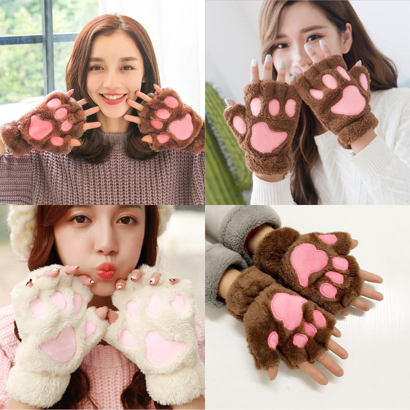 Găng Tay Hở Ngón Giữ Ấm Mùa Đông Hình Bàn Chân Mèo Hoạt Hình Cho Nữ