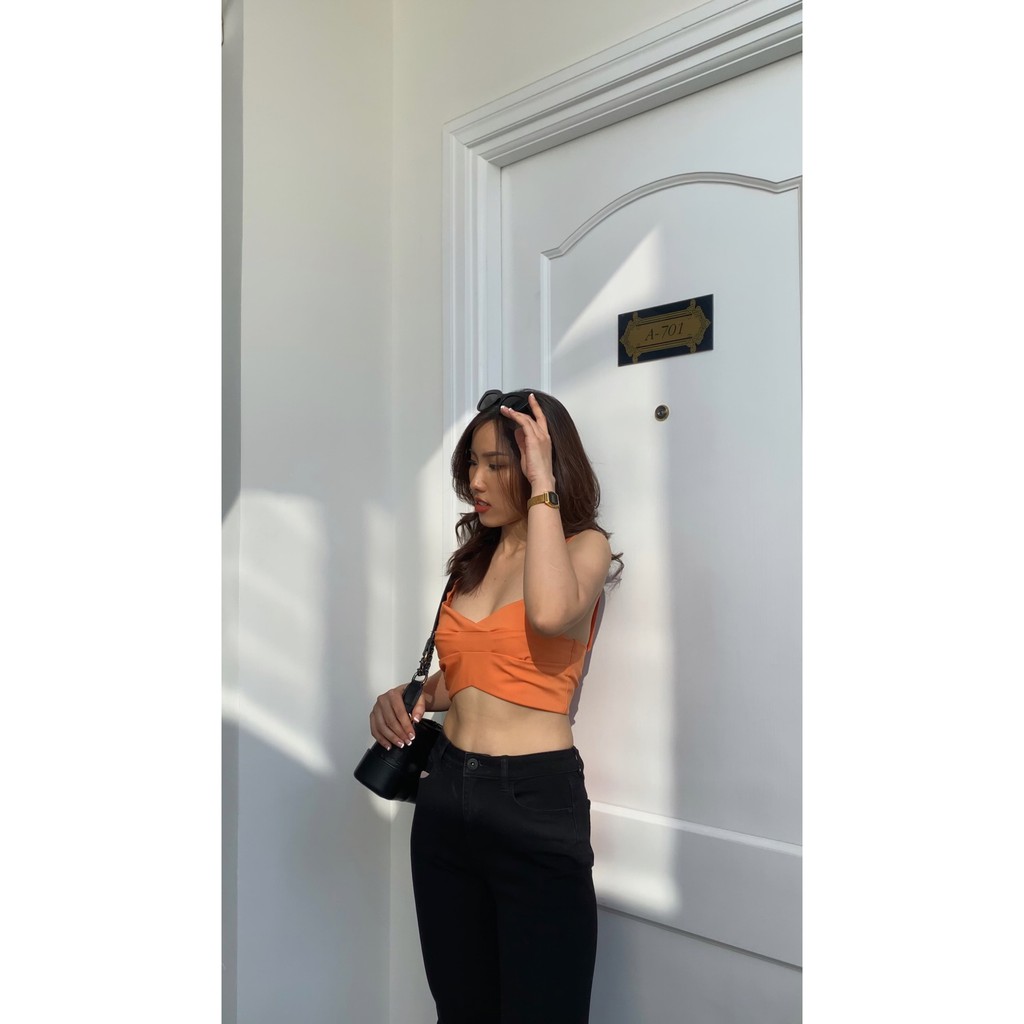 ELE Studios - Áo Croptop nữ thiết kế xếp li thắt nơ sexy cá tính Poshtop cam sữa đi chơi, đi biển phù hợp mùa hè