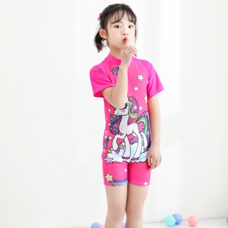 Đồ bơi liền mảnh ngắn tay quần đùi bé trai bé gái in hình ngựa pony/ búp bê LOL/ khủng long/ cá mập siêu dễ thương