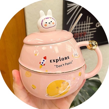 [Hàng mới về] Ly sứ tròn Mèo phi hành gia kèm Nắp và thìa - Cốc mèo phi hành gia uống nước