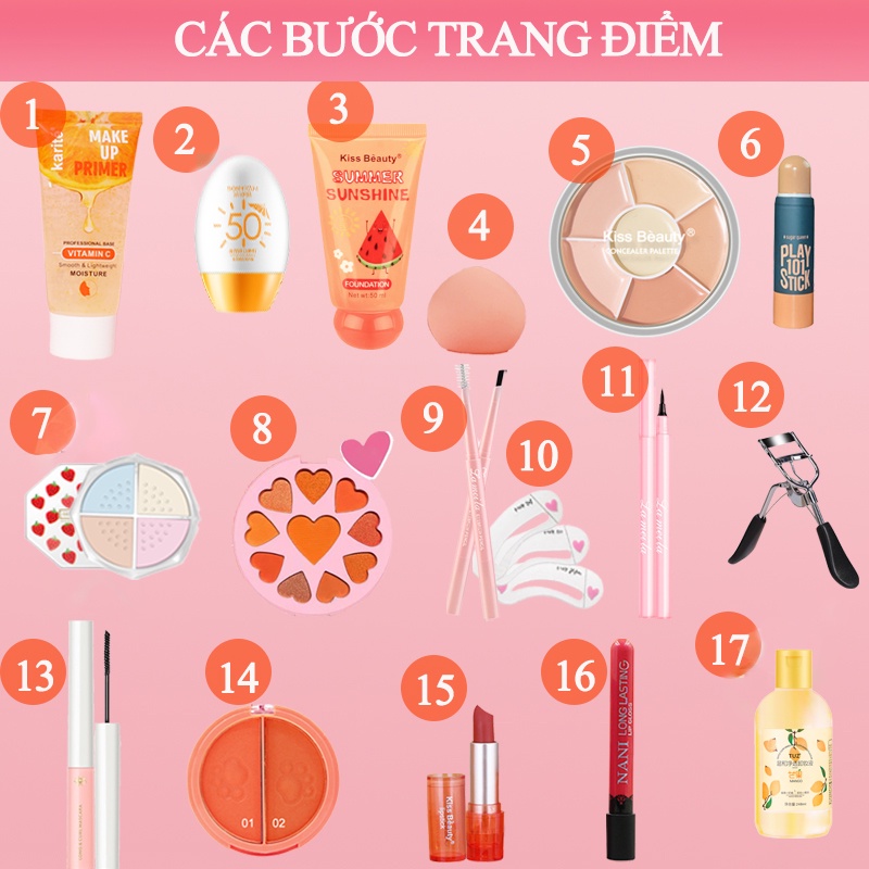 15 pcs Bộ mỹ phẩm trang điểm hoàn chỉnh set người mới bắt đầu không thấm nước viên trang điểm nhẹ tự nhiên (PS-15JT-A01)