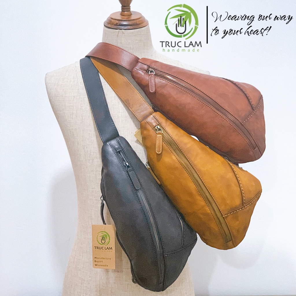 Túi Đeo Chéo Thời Trang Nam Da Bò Thật Cao Cấp Hai Khóa kéo - Trúc Lâm Handmade