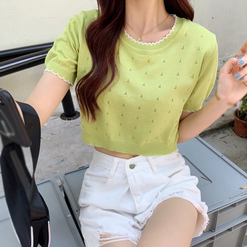 Áo Croptop Dệt Kim Tay Ngắn Cổ Tròn Phối Màu Phong Cách Hàn Quốc Thời Trang Cho Nữ