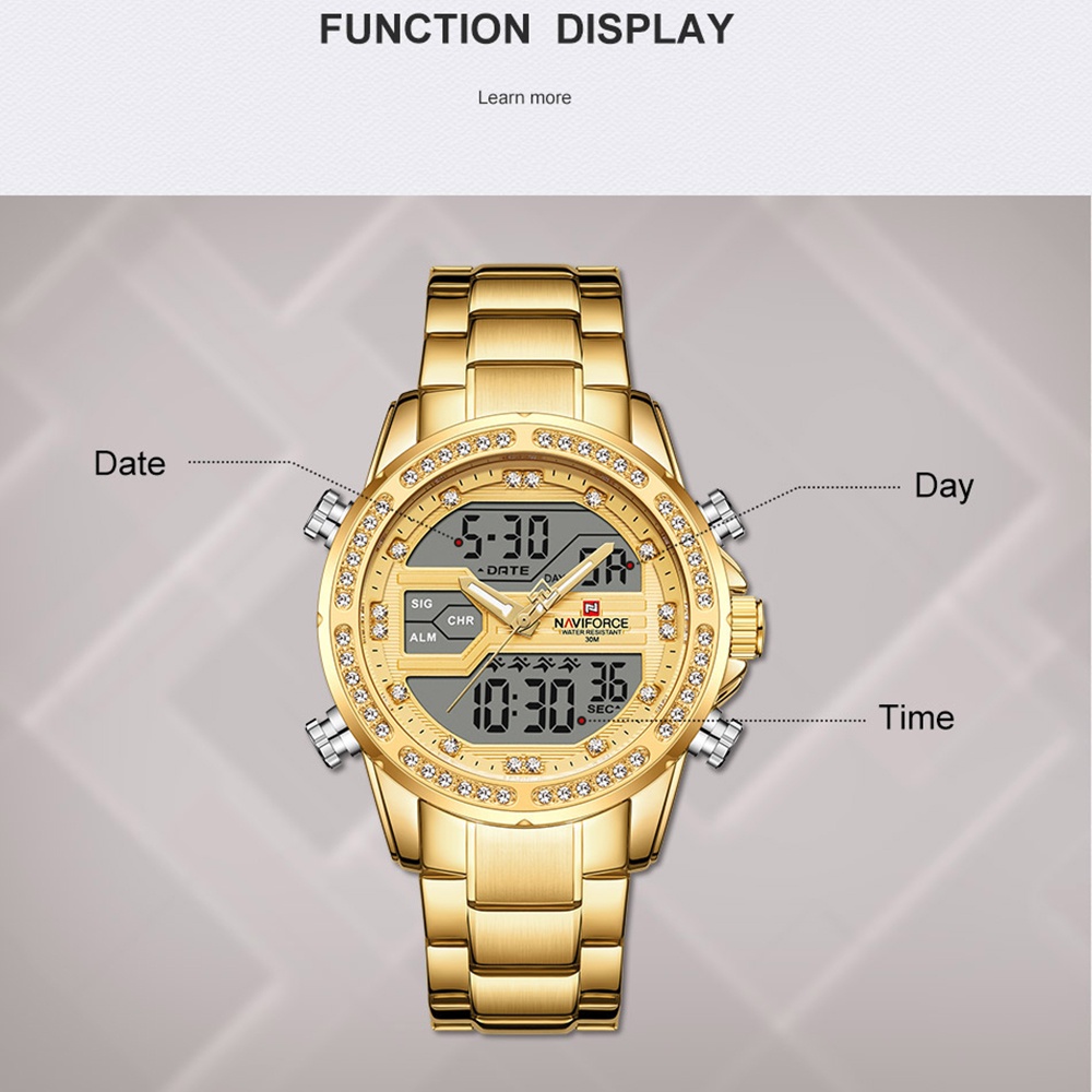 Naviforce Đồng Hồ Quartz Điện Tử Đính Pha Lê Hai Mặt Chất Liệu Thép Không Gỉ Chống Thấm Nước