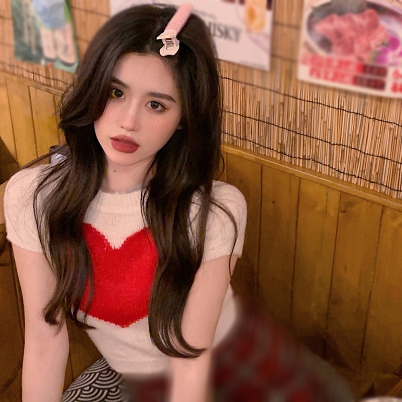 Áo croptop dệt kim tay ngắn dáng ôm in họa tiết trái tim thời trang mùa hè Hàn Quốc gợi cảm cho nữ