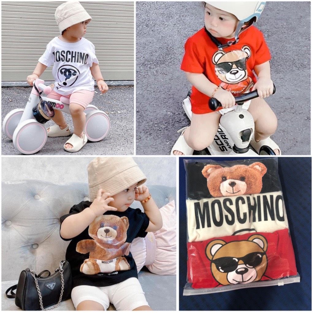 Sét 3 áo phông cotton cộc tay mosschino 3 màu đen trắng đỏ in hình gấu cho bé trai và bé gái