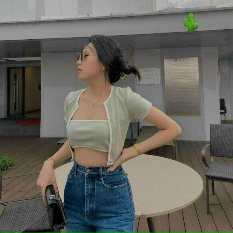 set áo ống kèm áo khoác ngắn tay viền cực chất