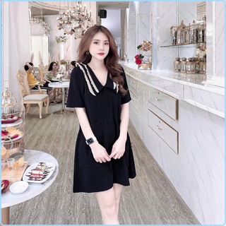 Đầm Bầu công sở vải đũi, Váy Bầu đẹp màu Đen cổ tim viền trắng cho bầu xinh