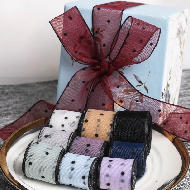 Ruy Băng Voan Chấm Bi Nhỏ Viền Đen (1 mét)