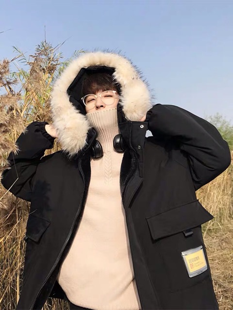 Áo khoác phao unisex nam nữ lót lông chuột mũ lông dáng rộng có Bigsize siêu cấp dày