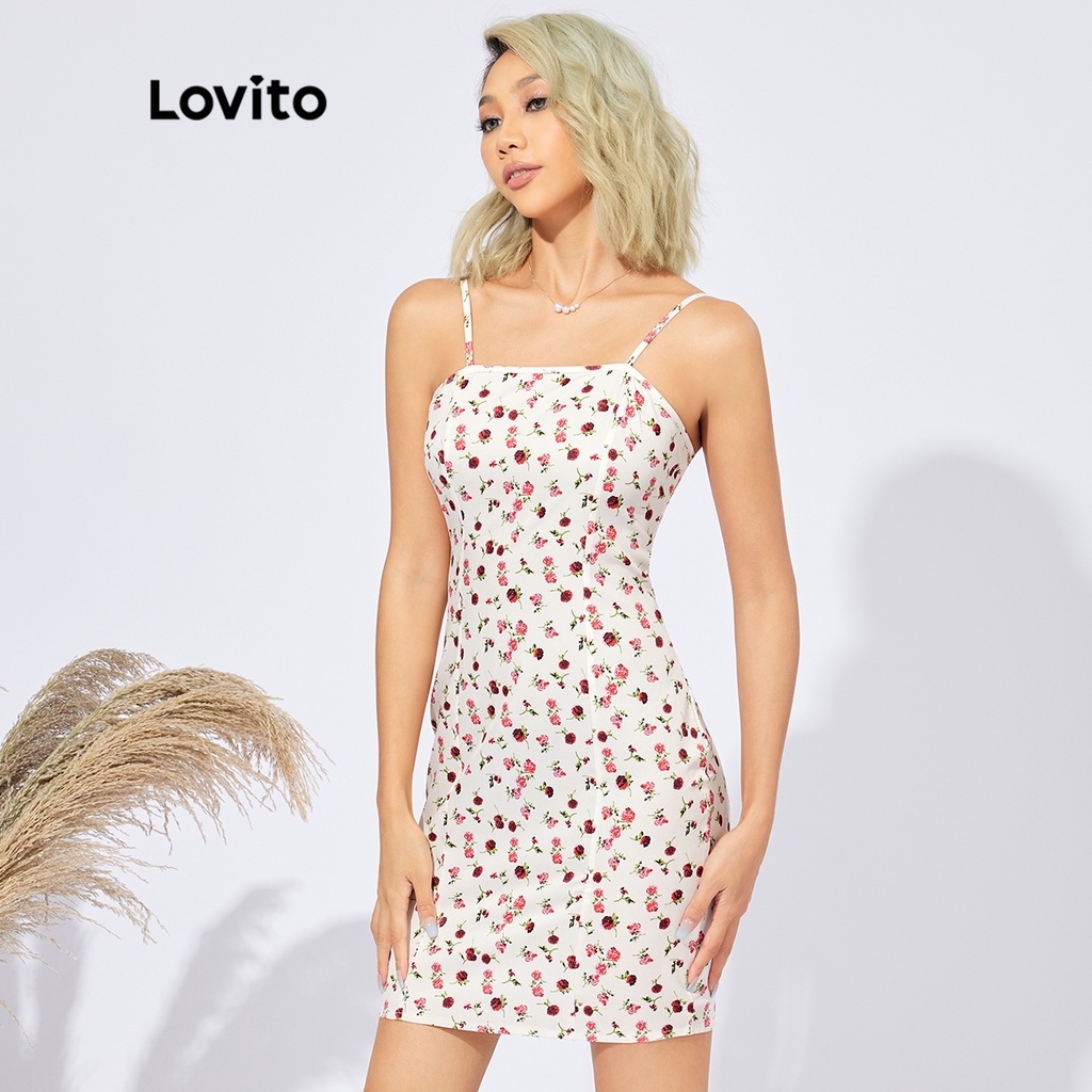 Lovito Casual Ditsy Floral Slim Fit Spaghetti Strap Dress L22AD078 (Off White)