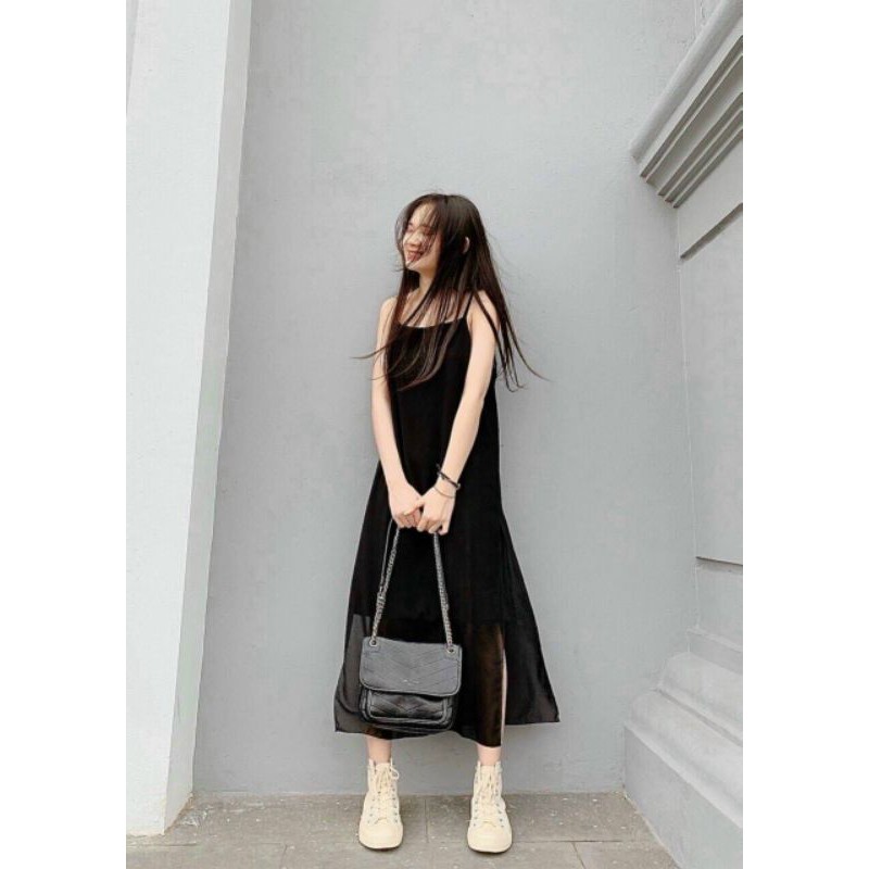 ☘️☘️☘️ Đầm 2 dây xẻ tà dáng suông chất Von ngoài và có lót thun trong 🌺🌺🌺