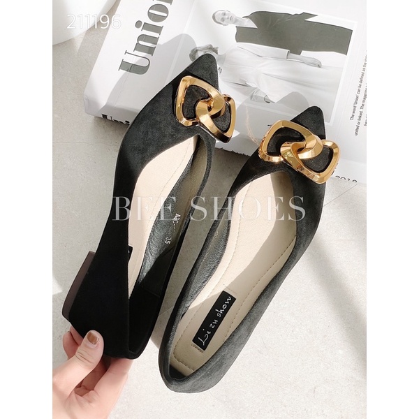 BEESHOES - GIÀY BÚP BÊ NỮ NHỌN - GIÀY BÚP BÊ NỮ DA LỘN ĐẾ BỆT SẴN MÀU ĐEN 211196